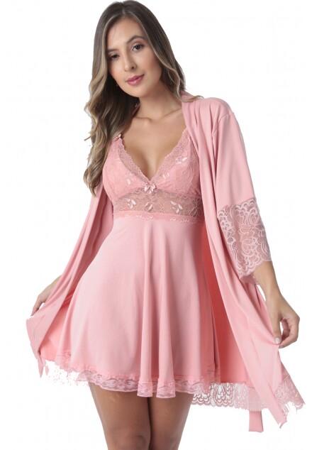 Kit Robe Hobby + Camisola Com Renda Lingerie Luxo Sensual Kit